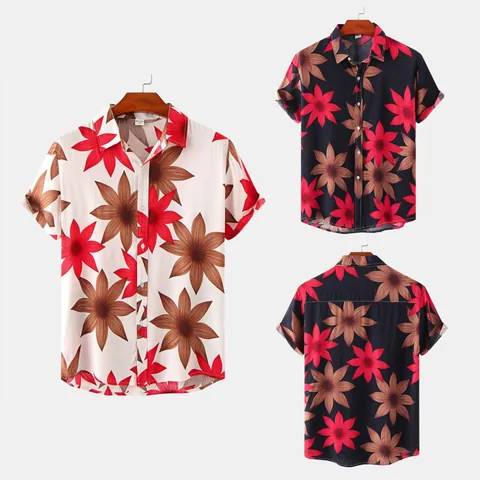 Men Casual Floral Short Sleeve Shirt Cotton Blend Tropical Hawaiian Style Button Down Top For Summer Holiday Beach
