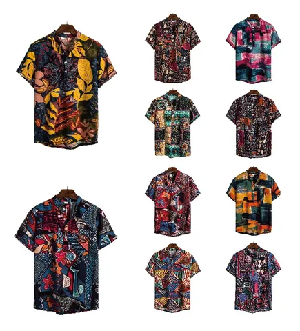 Heren Indiase Etnische Stijl Linnenmix Korte Mouw Overhemd Retro Henley Staande Kraag Zomer Casual Tribal Bloemen Bedrukt Vakantie Strand Top