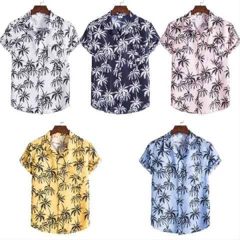 Men's Casual Short Sleeve Shirt Cotton Blend Tropical Coconut Tree Print Summer Beach Holiday Top Lapel Button Down Shirt