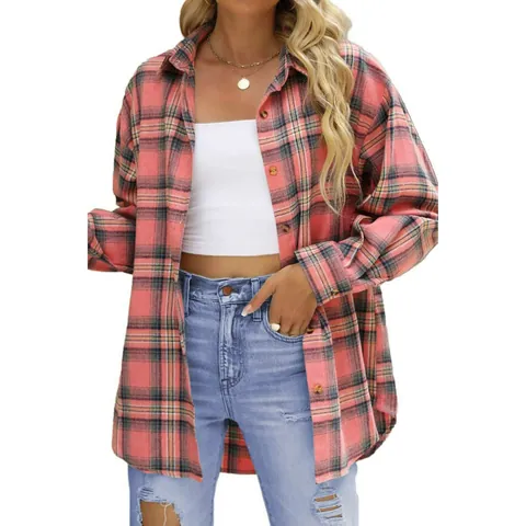 Damen Casual Oversized Karohemd Boyfriend Stil Langarm Knopfbeschlag Bluse Top Vintage Kariertes Hemd Für Damen