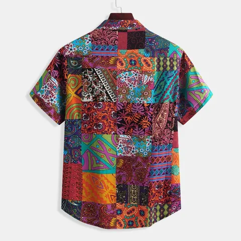 Heren Casual Linnen Korte Mouw Overhemd Retro Etnische Olifant Patchwork Print Omslagkraag Knoopsluiting Strandoverhemd