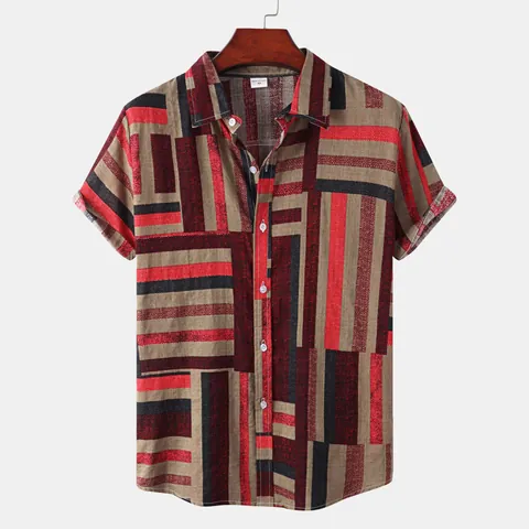 Chemise Décontractée en Coton pour Hommes Manches Courtes Rayures Géométriques Contrastées Imprimé Col à Revers Coupe Cintrée Haut