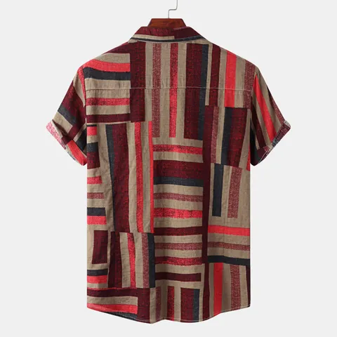 Chemise Décontractée en Coton pour Hommes Manches Courtes Rayures Géométriques Contrastées Imprimé Col à Revers Coupe Cintrée Haut