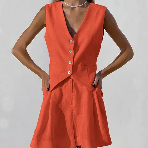 Women Summer Casual Cotton Linen Top And Bottom V Neck Single Breasted Waistcoat High Waist Wide Leg Shorts Suit