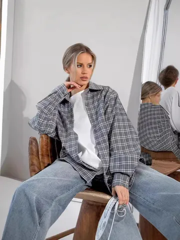 Chemise Femme Oversize à Carreaux Gris Mode Automne Col Rabattu Manches Longues Polyester Basique Décontracté Haut Boutonné