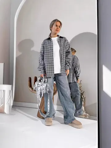 Chemise Femme Oversize à Carreaux Gris Mode Automne Col Rabattu Manches Longues Polyester Basique Décontracté Haut Boutonné