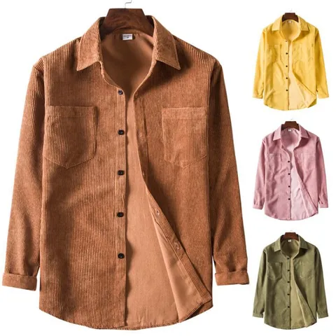 Camisa de Pana de Manga Larga Vintage para Hombre Casual Corte Holgado Solapa Color Sólido Algodón Engrosado Top