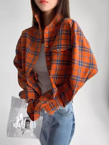 Camisa de Cuadros Naranja Estilo Preppy Americano para Mujer Blusa de Poliéster de Manga Larga Con Solapa Holgada y Bolsillos