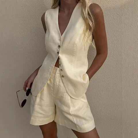 Ensemble Gilet et Short en Coton et Lin pour Femmes Été Col en V Sans Manches Gilet et Short Taille Haute Ensemble Décontracté
