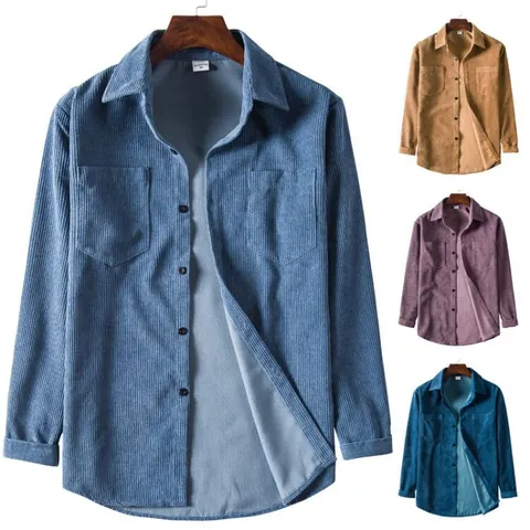 Camisa de Pana de Manga Larga Vintage para Hombre Casual Corte Holgado Solapa Color Sólido Algodón Engrosado Top