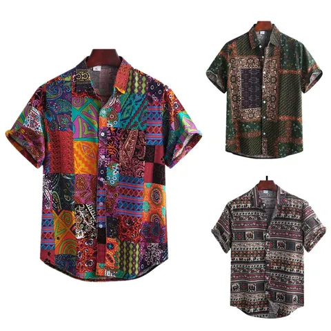 Heren Casual Linnen Korte Mouw Overhemd Retro Etnische Olifant Patchwork Print Omslagkraag Knoopsluiting Strandoverhemd