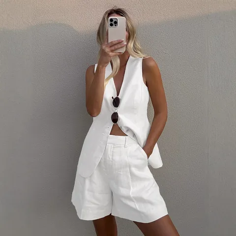 Ensemble Gilet et Short en Coton et Lin pour Femmes Été Col en V Sans Manches Gilet et Short Taille Haute Ensemble Décontracté