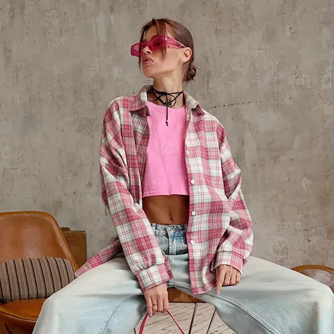 Femmes Rétro Plaid Chemise Décontracté Ample Manches Longues Boutonné Blouse Top Vintage Style de Rue Occidental Top Coton Polyester