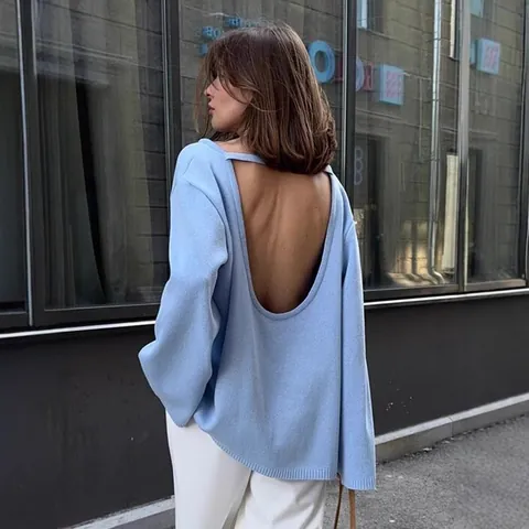 Pull Tricoté Dos Nu Sexy pour Femmes Pullover Décontracté Oversize Manches Longues Épaule Tombante Top en Maille Ample Mode Automne Hiver