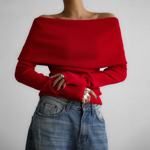 Pull en Maille Côtelée à Col Bateau et Épaules Dénudées pour Femmes Coupe Ajustée Manches Longues Couleur Unie Décontracté