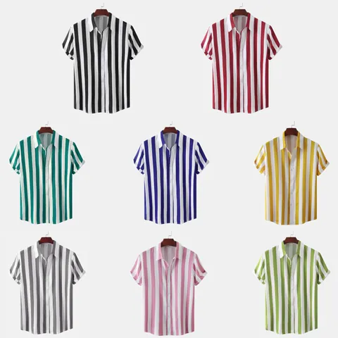 Camicia Casual da Uomo a Righe Verticali Slim Fit Moda Manica Corta Abbottonata Misto Cotone Stampa Estiva Taglie Forti