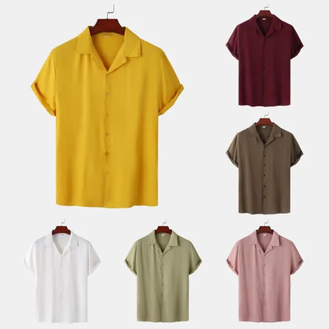 Chemise Décontractée à Manches Courtes en Mélange de Coton pour Hommes Couleur Unie Revers Boutonnage Streetwear Été Chemise Top