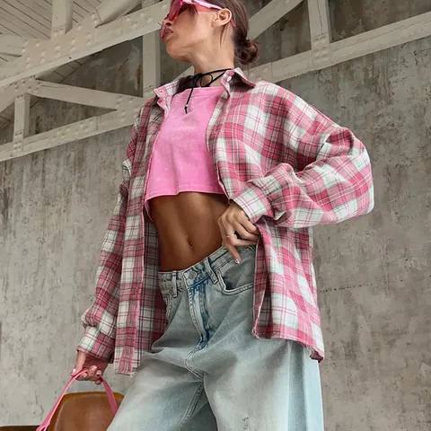 Femmes Rétro Plaid Chemise Décontracté Ample Manches Longues Boutonné Blouse Top Vintage Style de Rue Occidental Top Coton Polyester