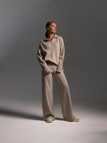 Γυναικείο Casual Πλεκτό Σετ Δύο Τεμαχίων Polo Λαιμόκοψη Μακρυμάνικο Πουλόβερ και Παντελόνα με Ψηλή Μέση Μονόχρωμη Φόρμα