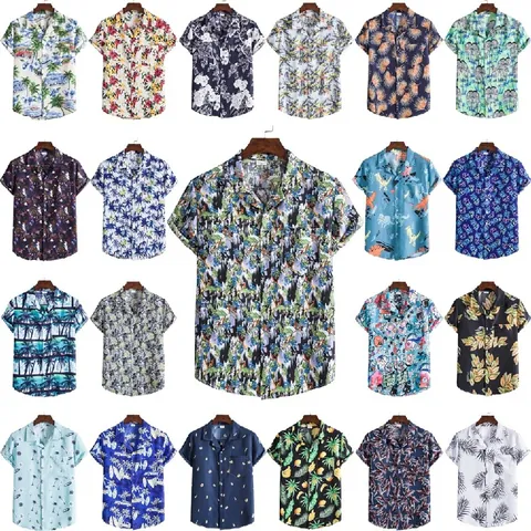 Men's Casual Cotton Blend Short Sleeve Shirt Tropical Hawaiian Coconut Leaf Print Summer Lapel Button Down Top for Vacation