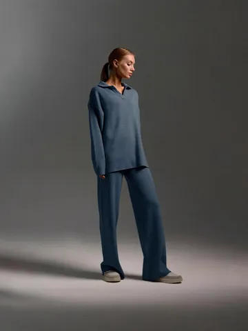 Γυναικείο Casual Πλεκτό Σετ Δύο Τεμαχίων Polo Λαιμόκοψη Μακρυμάνικο Πουλόβερ και Παντελόνα με Ψηλή Μέση Μονόχρωμη Φόρμα