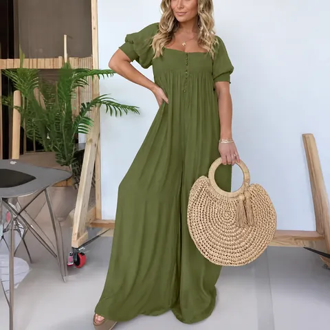 Women Plus Size Casual Cotton Linen Puff Sleeve Smocked Jumpsuit Square Neck Wide Leg Solid Color Romper Top And Bottom