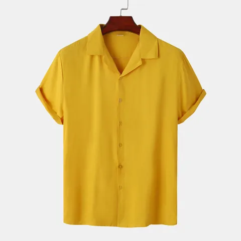 Chemise Décontractée à Manches Courtes en Mélange de Coton pour Hommes Couleur Unie Revers Boutonnage Streetwear Été Chemise Top