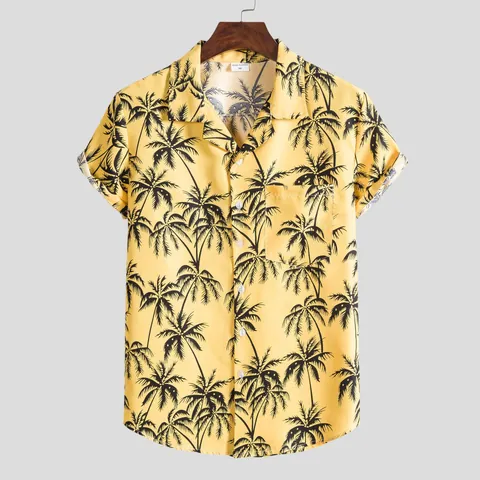 Men's Casual Short Sleeve Shirt Cotton Blend Tropical Coconut Tree Print Summer Beach Holiday Top Lapel Button Down Shirt