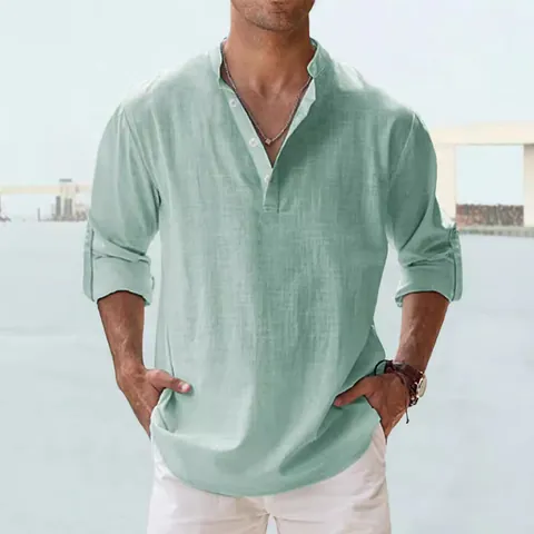 Men Casual Cotton Blend Henley Shirt Long Sleeve Stand Collar Solid Color Summer Breathable Loose Fit Top Soft Fashion Shirt