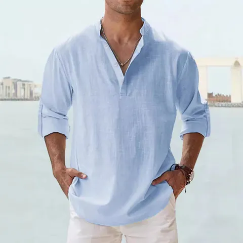 Men Casual Cotton Blend Henley Shirt Long Sleeve Stand Collar Solid Color Summer Breathable Loose Fit Top Soft Fashion Shirt