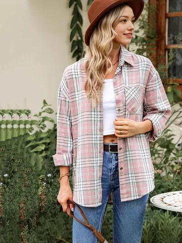 Chemise Mi-Longue À Carreaux Pour Femmes Style Européen Blouse À Manches Longues Revers Avec Poche Décontractée Top