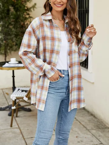 Chemise Mi-Longue À Carreaux Pour Femmes Style Européen Blouse À Manches Longues Revers Avec Poche Décontractée Top