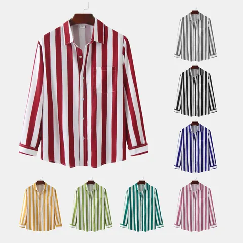 Men's Casual Vertical Stripe Shirt Polyester Long Sleeve Lapel Top With Pocket For Daily Travel Western Style Fashion Men Clothing