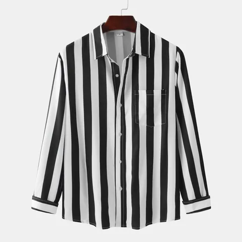 Men's Casual Vertical Stripe Shirt Polyester Long Sleeve Lapel Top With Pocket For Daily Travel Western Style Fashion Men Clothing