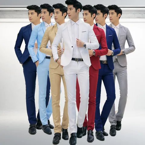 Men Slim Fit Suit Set 2-Piece Business Casual Single Breasted Notch Lapel Blazer Trousers With Shirt Belt Acetate Fiber Plain Suit