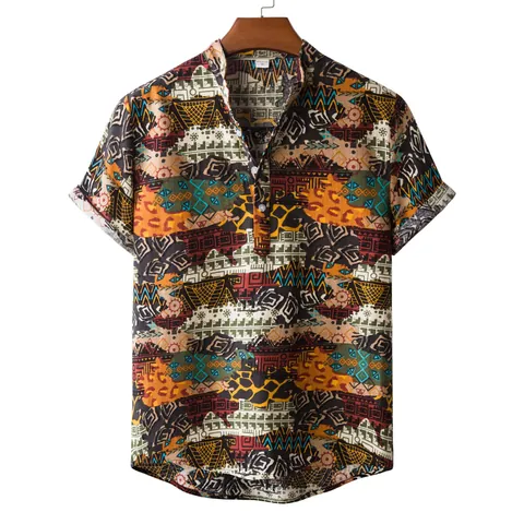 Men's Ethnic Geometric Print Short Sleeve Linen Shirt Casual Stand Collar Henley Summer Beach Tribal Style Top For Men