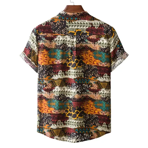 Men's Ethnic Geometric Print Short Sleeve Linen Shirt Casual Stand Collar Henley Summer Beach Tribal Style Top For Men