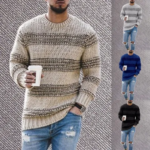 Men Fashion Striped Knit Sweater Autumn Winter Crew Neck Long Sleeve Pullover Casual Streetwear Knitted Top