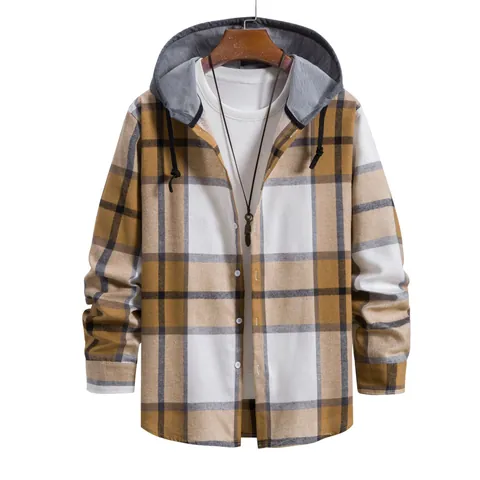 Camisa Casual de Cuadros para Hombre con Capucha Manga Larga Estilo Coreano Moda Camisa de Botones para Primavera Otoño