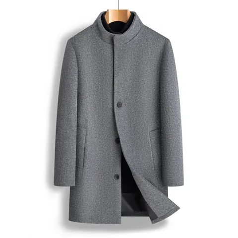 Men Casual Mid Length Woolen Trench Coat Stand Collar Solid Color Winter Warm Slim Fit Outerwear Top For Young Men