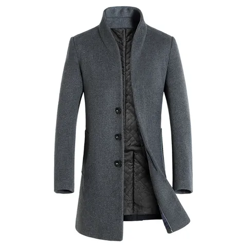 Men Casual Mid Length Woolen Trench Coat Stand Collar Solid Color Winter Warm Slim Fit Outerwear Top For Young Men