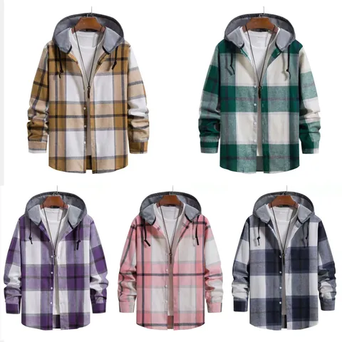 Camisa Casual de Cuadros para Hombre con Capucha Manga Larga Estilo Coreano Moda Camisa de Botones para Primavera Otoño