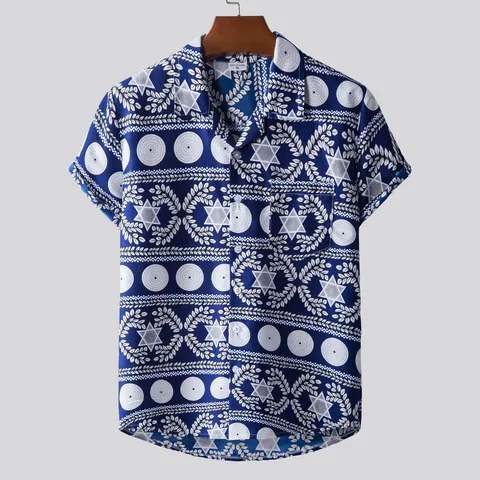 Men Hawaiian Shirt Ethnic Print Short Sleeve Casual Tropical Button Down Cotton Blend Beach Holiday Shirt Top