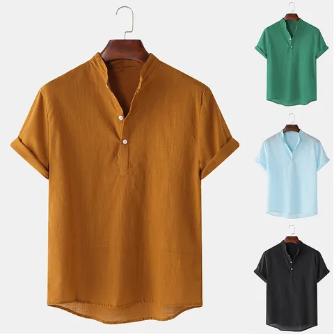 Chemise Décontractée en Coton Lin pour Hommes Couleur Unie Col Montant Style Henley Été Respirant Confortable Mode