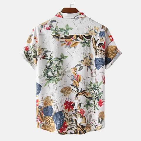 Men Casual Cotton Tropical Print Shirt Short Sleeve Lapel Button Down Loose Beach Vacation Top Summer Floral Print Blouse