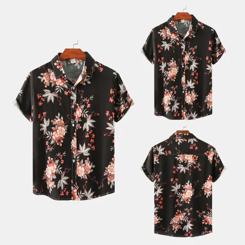 Camisa de Manga Corta Casual para Hombre Moda Estampado Floral Solapa Algodón Camisa con Botones para Vacaciones de Verano Playa Top