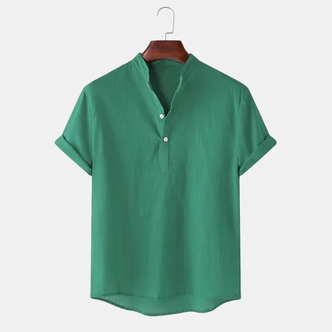 Chemise Décontractée en Coton Lin pour Hommes Couleur Unie Col Montant Style Henley Été Respirant Confortable Mode