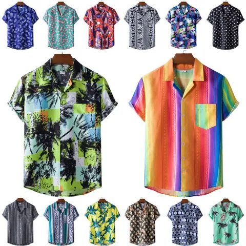 Men Hawaiian Shirt Ethnic Print Short Sleeve Casual Tropical Button Down Cotton Blend Beach Holiday Shirt Top