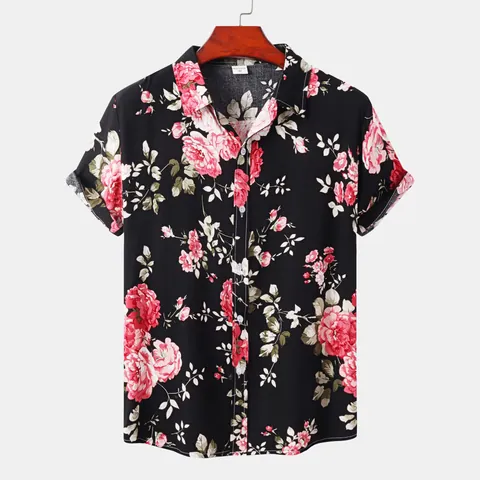 Men's Hawaiian Casual Short Sleeve Shirt Summer Beach Tropical Floral Print Button Down Turn-Down Collar Loose Top