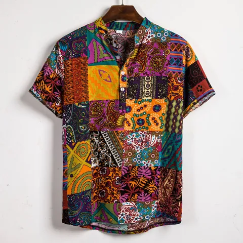 Ανδρικό Casual Βαμβακερό Πουκάμισο Patchwork Κοντό Μανίκι Γιακάς Μανδαρίνος Slim Fit Ανθικό Χρωματικές Αντιθέσεις Καλοκαιρινό